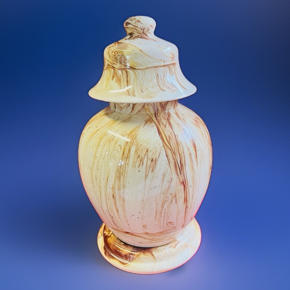Vintage Studio Pottery Marbled Ginger Jar Vase Cream Brown Swirl 10" Lid